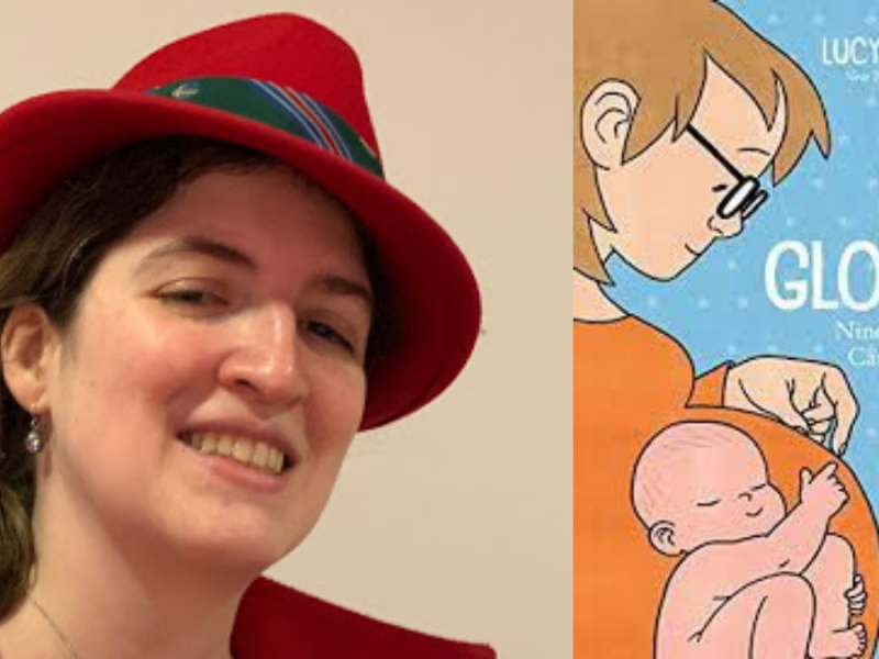 a collage image of the cover of Kid Gloves by Lucy Knisley on the left, and a picture of article author Elisa Shoenberger on the right. Elisa is wearing a red fedora with a matching red jacket and a toothy smile. The Kid Gloves cover is of a pregnant person wearing a orange shirt and cradling her stomach on a blue background. a baby is visible in her stomach.