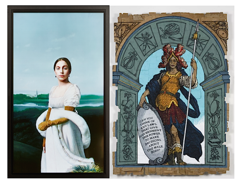 1) Robert Wilson’s “Lady Gaga: Mademoiselle Caroline Riviere,” 2013 HD video; Courtesy of Laura Lee Brown and Steve Wilson. 2) Mixed media by Andrea Bowers; Courtesy of the artist and Vielmetter Los Angeles; Photo: Jeff McLane.
