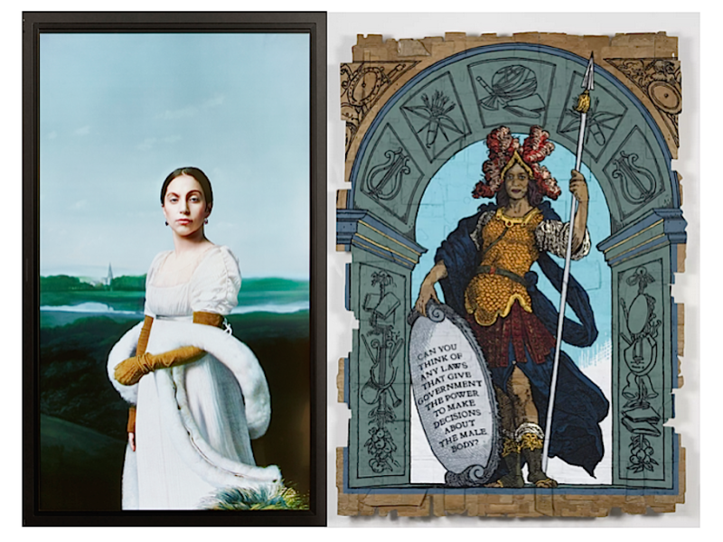 1) Robert Wilson’s “Lady Gaga: Mademoiselle Caroline Riviere,” 2013 HD video; Courtesy of Laura Lee Brown and Steve Wilson. 2) Mixed media by Andrea Bowers; Courtesy of the artist and Vielmetter Los Angeles; Photo: Jeff McLane.