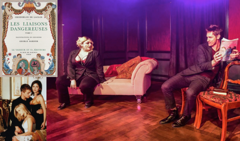 Book cover of “Les Liaisons dangereuses” (1782); movie still from “Cruel Intentions” (1999); and Maddison Denault and David Moreland in the live production of “Cruel Intentions: The ’90 Musical” (2022).