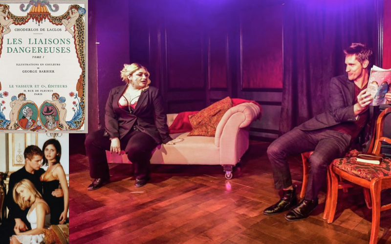 Book cover of “Les Liaisons dangereuses” (1782); movie still from “Cruel Intentions” (1999); and Maddison Denault and David Moreland in the live production of “Cruel Intentions: The ’90 Musical” (2022).